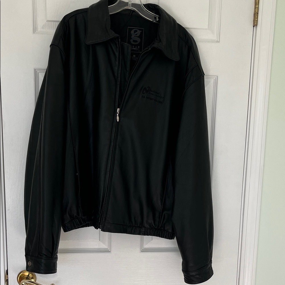 Gear For Sports black leather bomber jacket with logo (could be covered/patched)